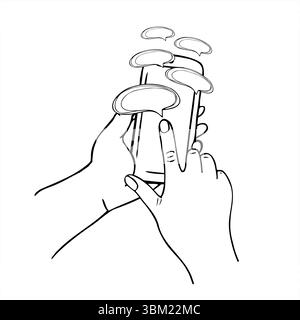 Thumb scrolling on a smartphone screen with flying message bubbles black and white vector illustration. Online communication line art Stock Vector