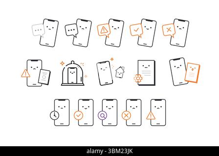 Icons for phones, bells, and notifications. Vector. Linear style. A set of icons for design projects. Lively and cute characters with human faces. Stock Vector