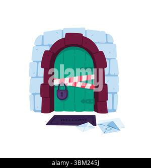 Illustration of a closed door in a lock. The massive door is locked, the forbidden tapes. The entrance is closed, there is no passage. Flat style. An Stock Vector