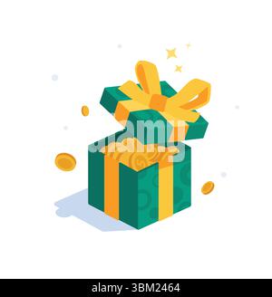 Illustration of a green gift box with gold coins. Vector. A symbol of wealth and generosity. Background for design projects. Stock Vector