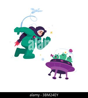 Illustration of an astronaut in space with aliens. An astronaut met a ufo. Flat style. Characters for animation. An image for design projects and webs Stock Vector