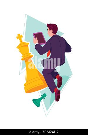 Illustration of a businessman with a tablet, among chess pieces. A metaphor for business strategies, achieving a goal. Vector. An image for design pro Stock Vector
