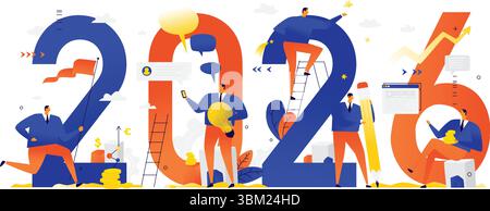New year 2026. Meeting the new year. Vector. Business people greet Christmas and New Year. New Horizons. Preparation for the holiday. Business metapho Stock Vector