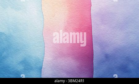 Abstract watercolor painting with vertical multicolored designer stripes with blue stripe in the middle on textured paper as background for web banner Stock Photo