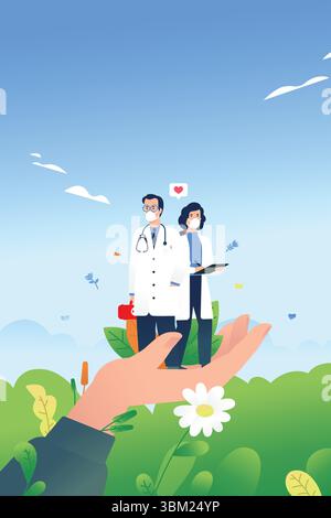 Illustration of the heroes of doctors who stand on the palm of their hand among plants. Vector. A symbol of caring and empathy. The picture for the po Stock Vector