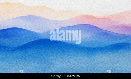 Abstract dark blue with red pink color watercolor painted background on textured paper. Painting beautiful red pink sunset over calm blue sea waves fo Stock Photo