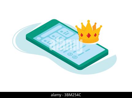 Illustration of a smartphone with a golden crown. Vector. A green phone with a symbol of power. Interface. Flat style. An image for an online store an Stock Vector