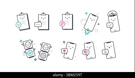 Icons for phones, traffic lights, and sheets of paper. Vector. Linear style. A set of icons for design projects. Lively and cute characters with human Stock Vector
