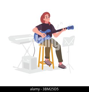 Illustration of a brown-haired girl with a blue electric guitar against a background of musical instruments, sitting on a chair. Vector. Flat style. T Stock Vector