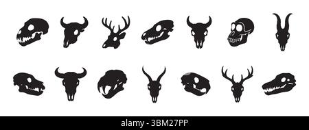 Black silhouette of various animal skulls, isolated on white background, graphic illustration. concept of wildlife, mysterious art, skull designs, decor elements, tribal tattoo symbols, collection. Stock Vector