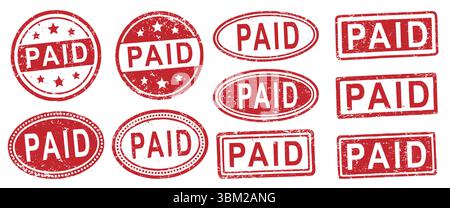 Red grunge PAID text rubber stamp icon symbol set. Paid grungy stamp stencil. Vector illustration image. Isolated on white background. Stock Vector