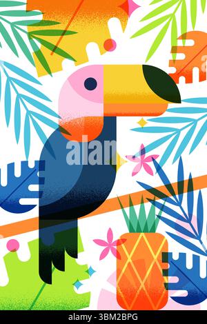 Vector colorful geometric illustration of summer beach, toucan bird, pineapple and tropical palm leaves frame. Trendy design elements for graphic prin Stock Vector