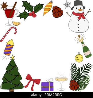 Happy Holidays Winter Holiday Frame circle round template. Vector graphic line ink illustration. Christmas wreath. New Year For poster, flyer, banner, Stock Vector