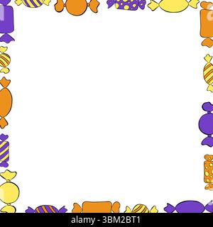 Candies sweets colored Frame square template. Vector graphic line ink illustration. Halloween Xmas border christmas and new year template. Design for Stock Vector