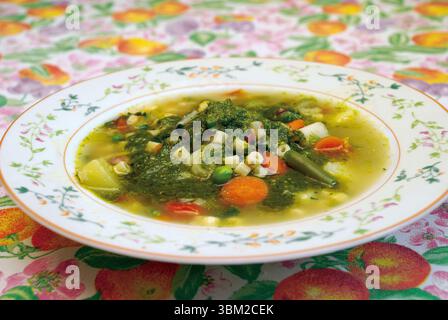 Fresh minestrone soup featuring pesto and mixed vegetables like carrots, potatoes, green beans, peas, and pasta, served in a decorative bowl on a flor Stock Photo
