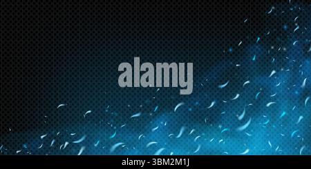 Blue fire with glowing sparks and flying embers on dark smoky background. Neon glow, icy particles and foggy texture add magical energy. Realistic 3D vector wallpaper with abstract fireworks effect. Stock Vector