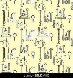 Seamless pattern of hand tools including pliers, wrenches, and screwdrivers on light background vector Stock Vector