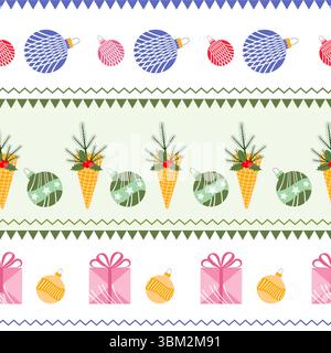 Christmas pattern with ornaments, gifts, and pinecone decorations on white background  vector Stock Vector