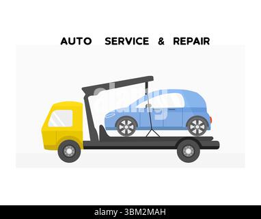 Tow truck carrying a blue car on white background with text for auto service and repair vector Stock Vector