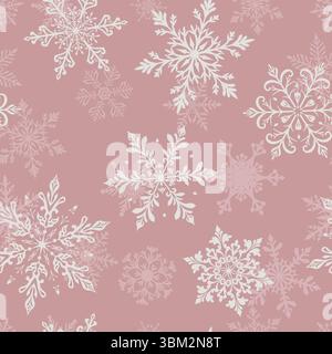 Christmas seamless pattern with two layers of large intricate snowflakes in various designs, white on pink background. Stock Vector