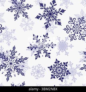Christmas seamless pattern with two layers of large intricate snowflakes in various designs, blue on white background. Stock Vector