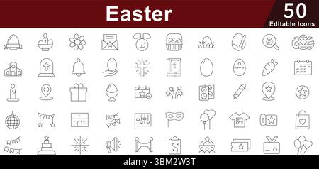 Easter Celebration Line Icons set. Eggs, Bunnies, Church and Spring Holiday Vectors. Editable icons Stock Vector
