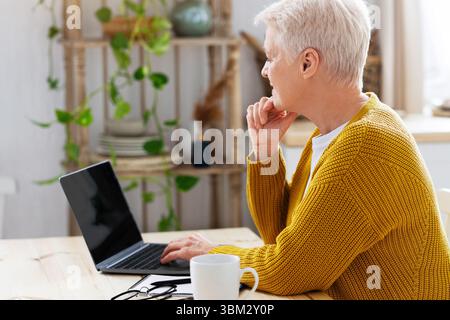 Side view of elderly lady using laptop with blank screen Stock Photo