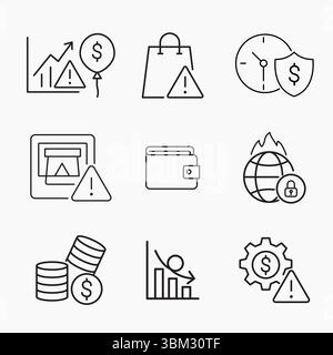 Minimal outline icons representing economic risk, inflation and global financial crisis concepts, Perfect for finance, business and global economy con Stock Vector