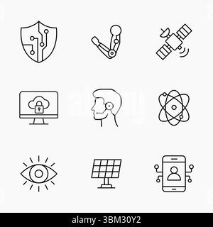 Outline icons depicting modern technology and future innovations cybersecurity, space tech and renewable energy, Ideal for digital tech and science pr Stock Vector