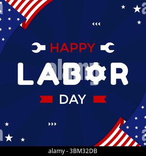 Happy Labor Day greetings. USA Labor Day template greeting on dark blue background with American flags and star shapes Stock Vector