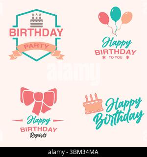Happy Birthday Vintage Labels Set – Retro Vector Illustration for Celebration and Anniversary Design. Stock Vector
