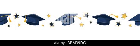 Seamless Border Strip With Academic Caps, Gold Stars, And Tassels Arranged Horizontally On White. Education Celebration Concept For Banner And Print. Stock Vector