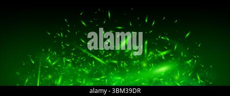 Green magic fire and glowing sparks with flame and toxic fog. Dark fantasy background with flying particles, neon glow, bokeh and ember effect. Abstract festive vector texture with energy burst. Stock Vector