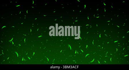 Glowing green sparks and magical fire effect with smoke, fog and toxic mist. Abstract dark background with flying particles, neon shine and festive fairy light texture. Vector illustration Stock Vector