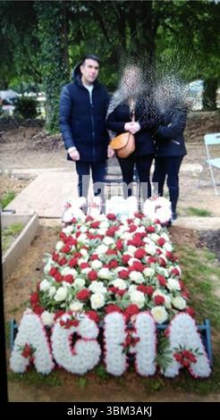 EDITORS NOTE: Image blurred at source. Undated handout photo issued by the Metropolitan Police of an image sent in EncroChat of Jayes Kharouti and two women standing at a graveside. A pair of drug kingpins are facing jail for plotting to murder a rival and smuggling millions of pounds worth of cocaine into the UK following one of the largest EncroChat investigations in history. James Harding, 34, and his 'loyal right-hand man' Jayes Kharouti, 39, ran a vast criminal empire which made £5 million in profits from importing drugs over 10 weeks in 2020 alone. Issue date: Tuesday June 24, 2025. Stock Photo