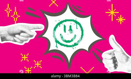 Be in good mood contemporary mixed media collage. Index finger pointing to speech bubble with positive smiley face. Hand with thumb up halftone Stock Vector