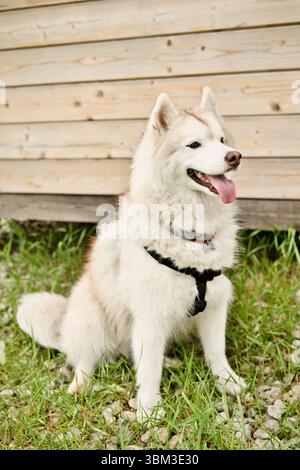 A white fluffy husky dog is sitting outdoors. A happy and playful husky dog walks in nature. Pet walking. Stock Photo