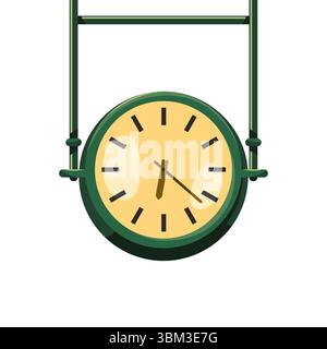 Round retro train station clock. Vector analog timekeeping device for public spaces and transportation platforms. Hanging metal clockface for scheduling and punctual travel. Outdoor mounted watch. Stock Vector
