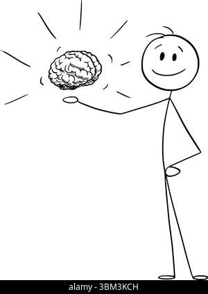 Person holding or presenting human brain or intelligence, vector cartoon stick figure or character illustration. Stock Vector