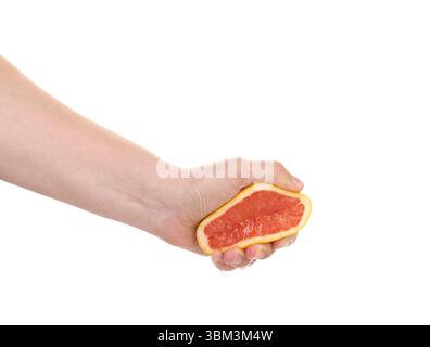Woman squeezing grapefruit on white background, closeup Stock Photo