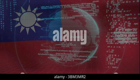 Rotating clear 3D wireframe globe displaying code in digital lab, with Taiwanese flag, red grid Stock Photo