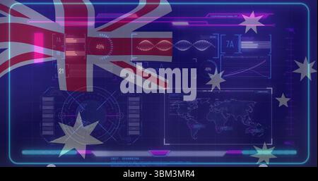 Displaying holographic interface on dark blue grid, with Australian flag pie chart and waveform Stock Photo