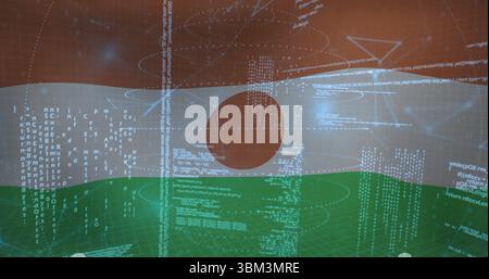 Displaying 3D Niger flag floating in cyberspace, streaming code, grid floor, translucent overlays Stock Photo