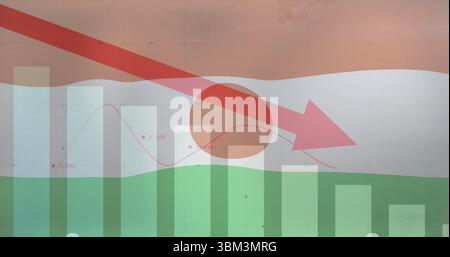 Displaying red arrow sloping down on screen, with vertical bars, red line graph labels, red circle Stock Photo