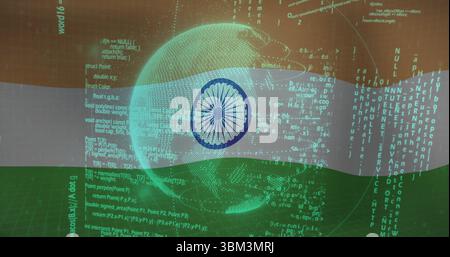 Displaying wireframe globe on Indian flag backdrop, overlaying Ashoka Chakra and programming code Stock Photo