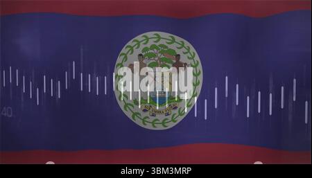 Displaying Belize national flag featuring coat of arms on digital display, with vertical audio bars Stock Photo