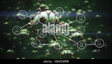 Displaying green virus with spike proteins connecting to white user icons in digital network Stock Photo