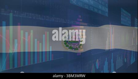 Showing El Salvador flag overlay moving in blue grid, with coat-of-arms financial charts and panels Stock Photo