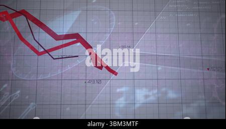 Displaying stylized red trend line descending across digital dashboard, with grid overlay Stock Photo