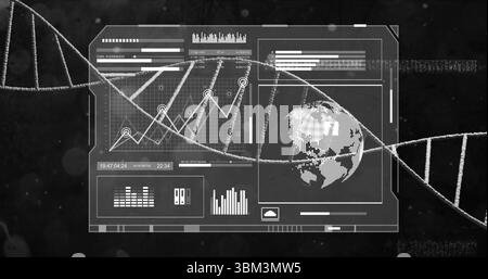 Displaying futuristic digital HUD panels updating live data in virtual lab, with DNA helix graphic Stock Photo